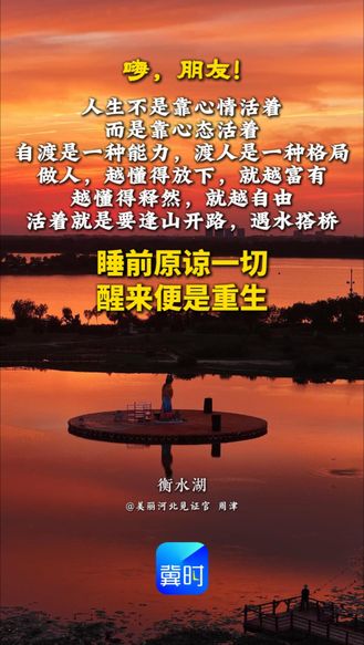 人生，不是靠心情活着，而是靠心态活着。自渡是一种能力，渡人是一种格局！做人，越懂得放下，就越富有；越懂得释然，就越自由。活着就是要逢山开路，遇水搭桥，睡前原谅一切，醒来便是重生！#晚安#衡水湖