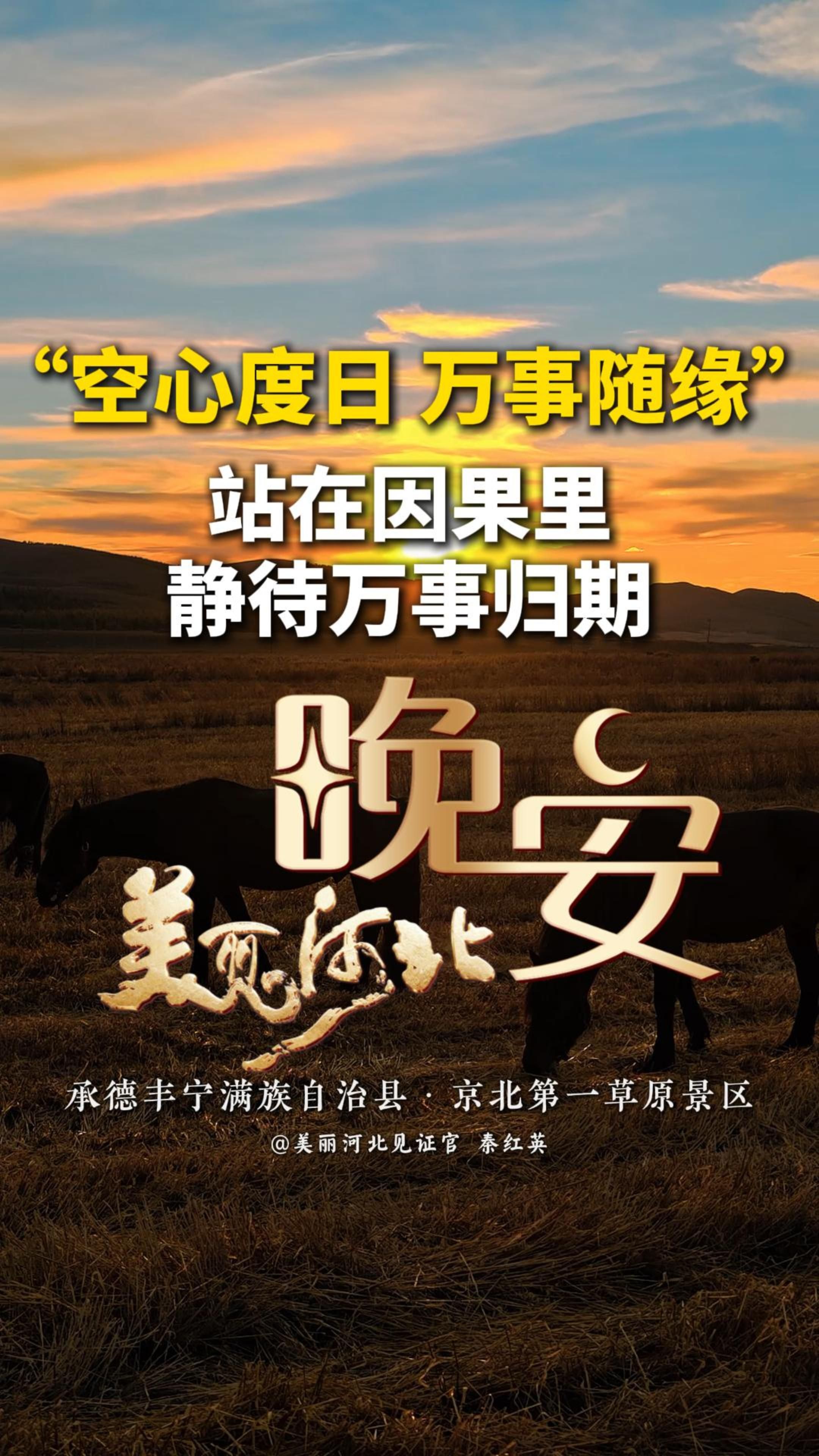 我站在因果里，尽我所能，尽我所不能，空心度日，万事随缘，于人于情，仁至义尽，问心无愧，尽力之后不能随我意，那就随你意，这不是妥协，而是和自己的和解。#晚安#美丽河北#承德丰宁满族自治县京北第一草原景区